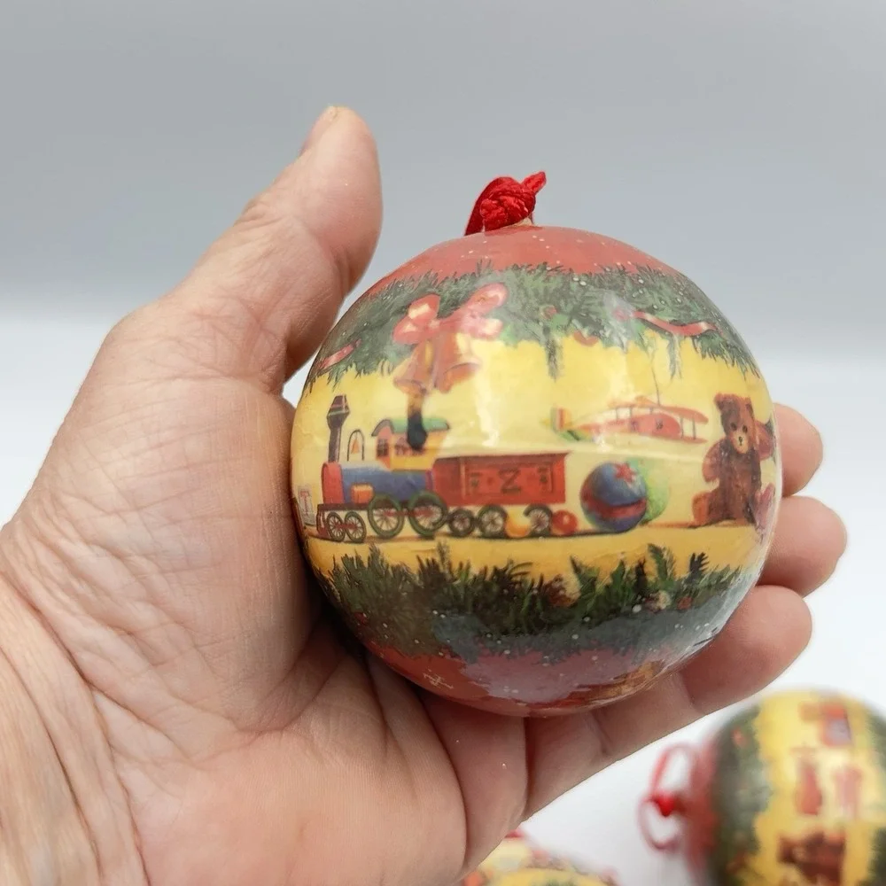 Vintage Christmas Ornament Set of 5 Paper Mache Childrens Train Blocks Red‎ Gold